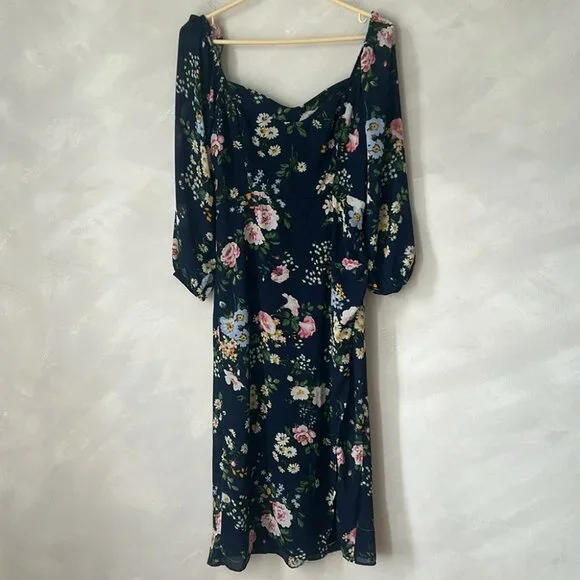 Abercrombie and Fitch long-sleeve draped skirt midi dress floral navy S Petite - Picture 2 of 7